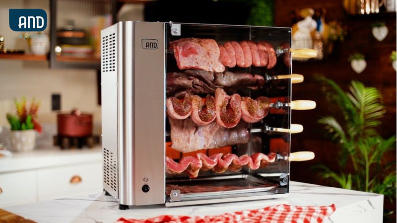 Churrasqueira Rotativa Anodilar á Gás Inox com 5 Espetos  - Bivolt