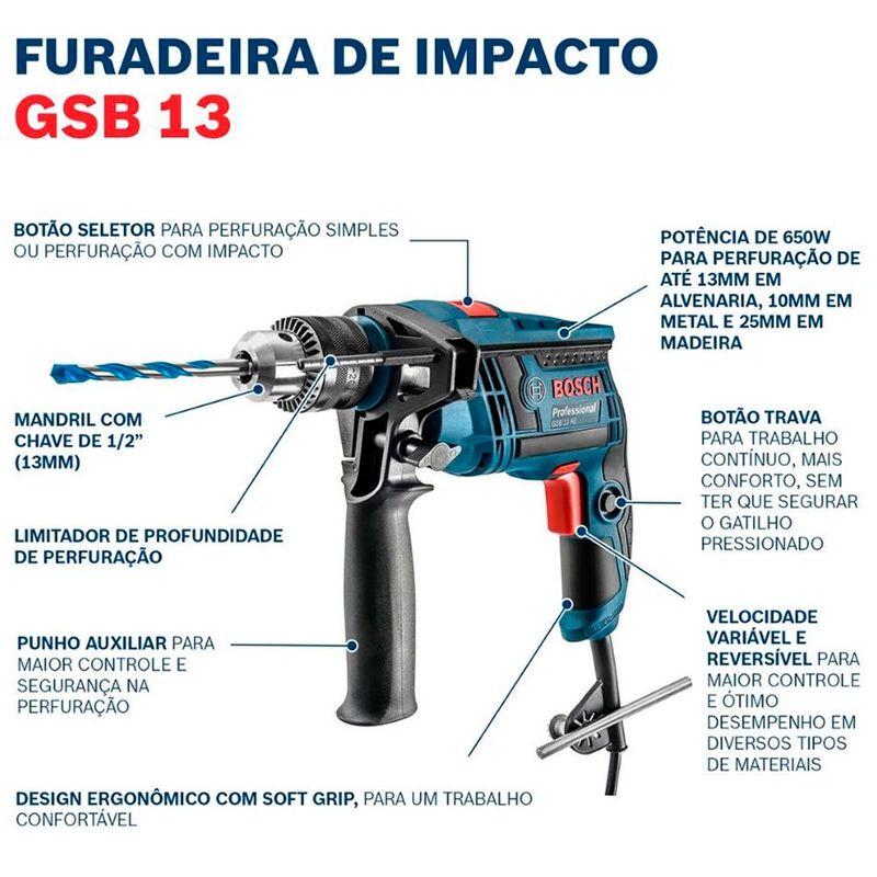 Furadeira de Impacto GSB 13RE Profissional 650W  - Bosch | 220V