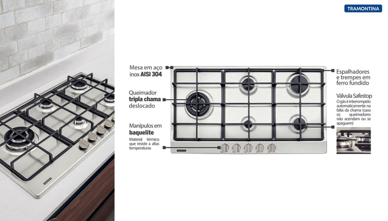 Cooktop a Gás Tramontina Penta Plus 5 Bocas Inox