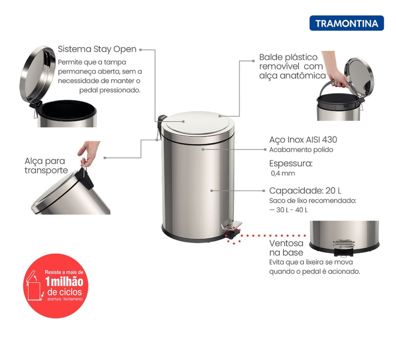 Lixeira Inox Pedal Tramontina Polida e Balde Interno Removível 20L