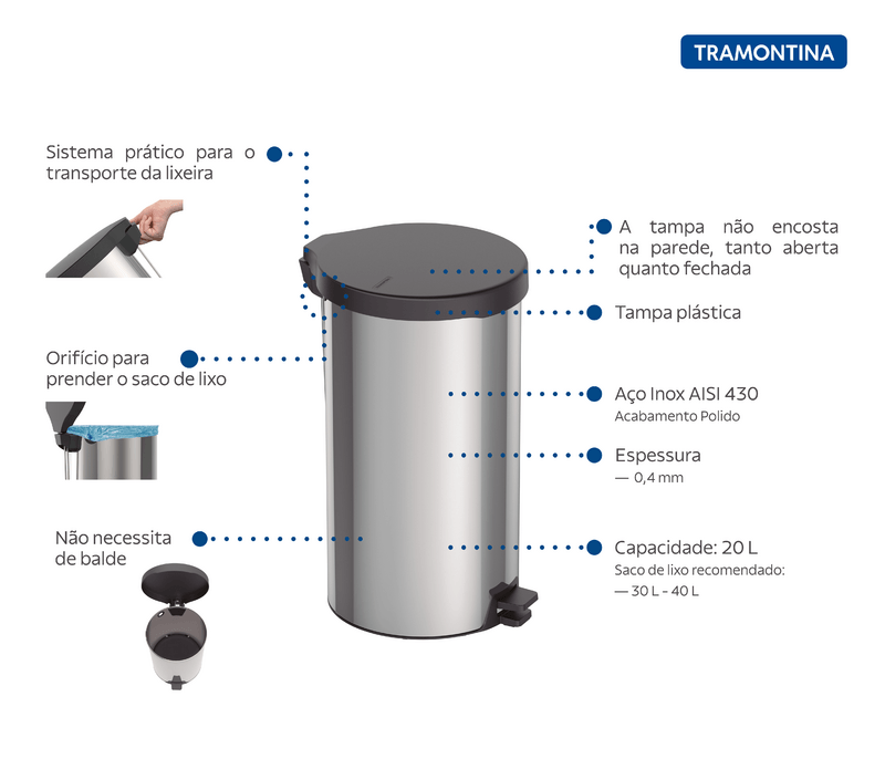 Lixeira Com Pedal New Tramontina Em Aço Inox Com Acabamento Polido 20 L