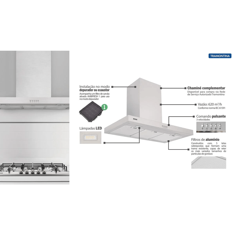 Coifa de Parede Tramontina New Dritta Wall 90cm | 220V