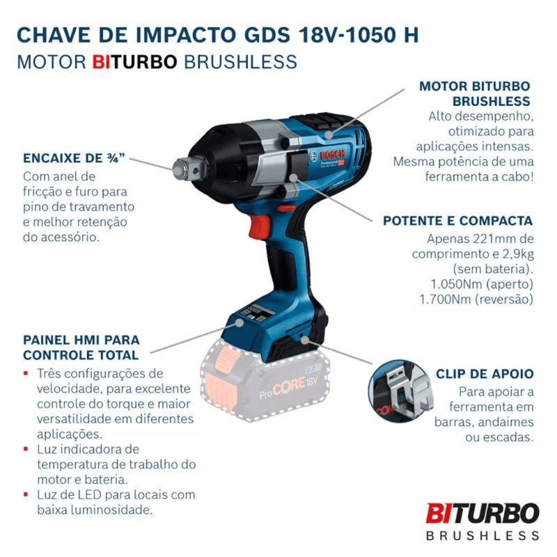 Chave De Impacto 3/4  Bosch Gds 18v-1050 Biturbo | A Bateria