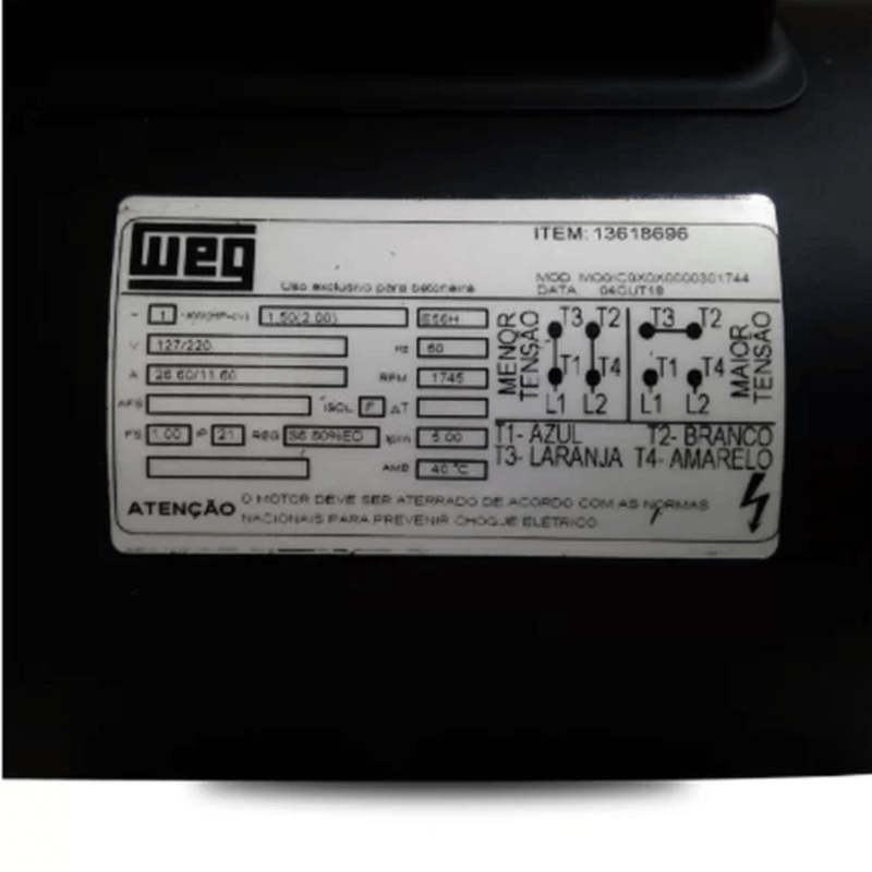 Motor Elétrico Weg de Baixa Rotação IP21 2CV 4 Polos Monofásico Aberto para Betoneiras