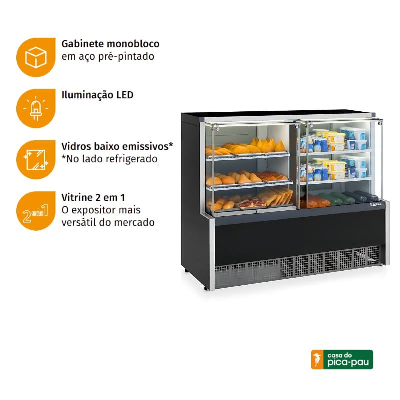 Vitrine Expositora Quente e Fria Gelopar GQRA-140R 2 Placas Frias 1,40m | 220v
