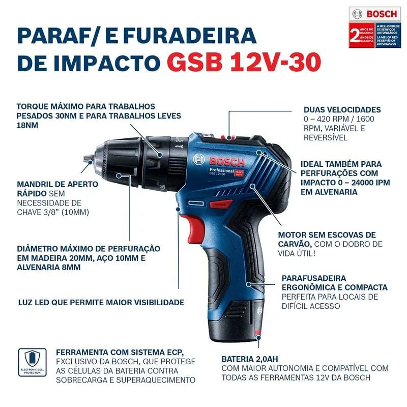 Parafusadeira E Furadeira De Impacto Bosch GSB 12V-30 | Bateria