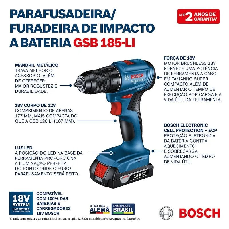 Parafusadeira E Furadeira De Impacto Bosch GSB 185-LI 18V | Bateria