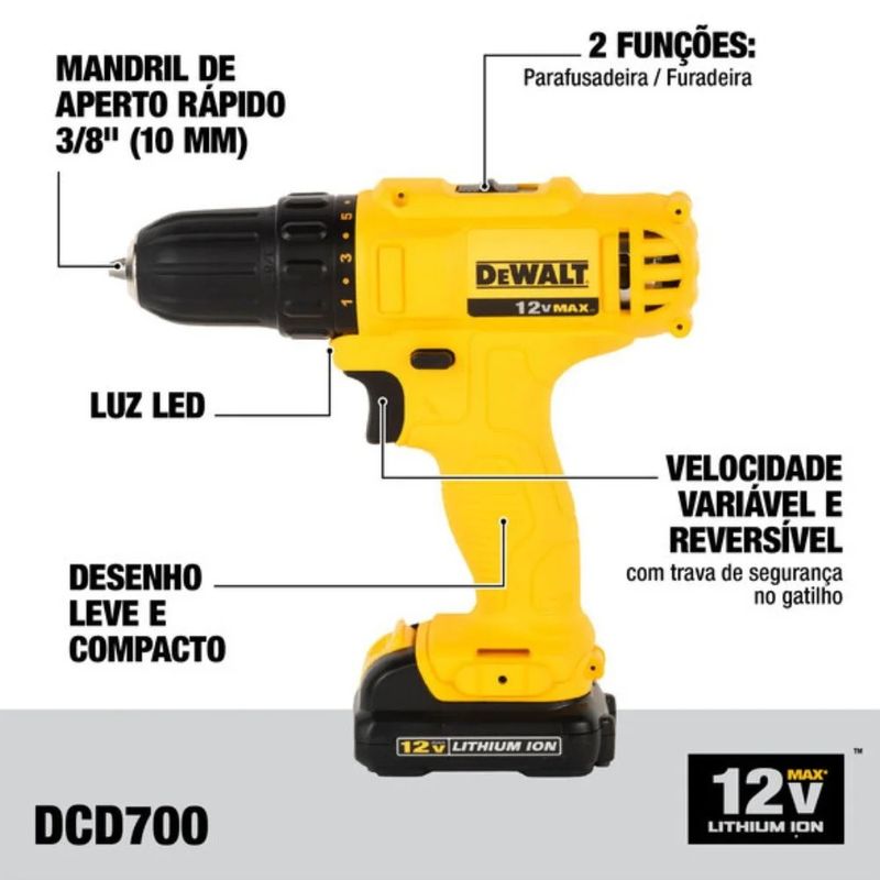 Furadeira Parafusadeira 3/8" Dewalt 12V com 2 Baterias + Bolsa DCD700C2-BR | Bivolt