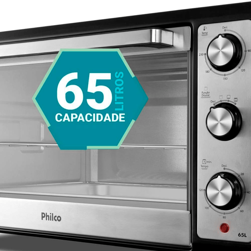 Forno Elétrico Philco 2000W 65L com Lâmpada PFE65 Preto/Inox | 220V