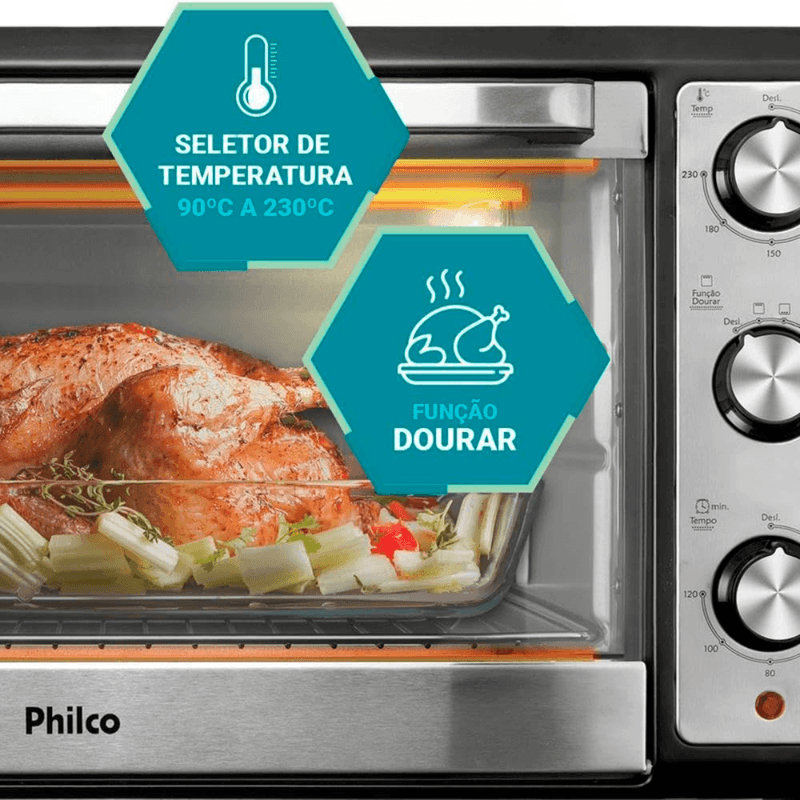 Forno Elétrico Philco 2000W 65L com Lâmpada PFE65 Preto/Inox | 220V