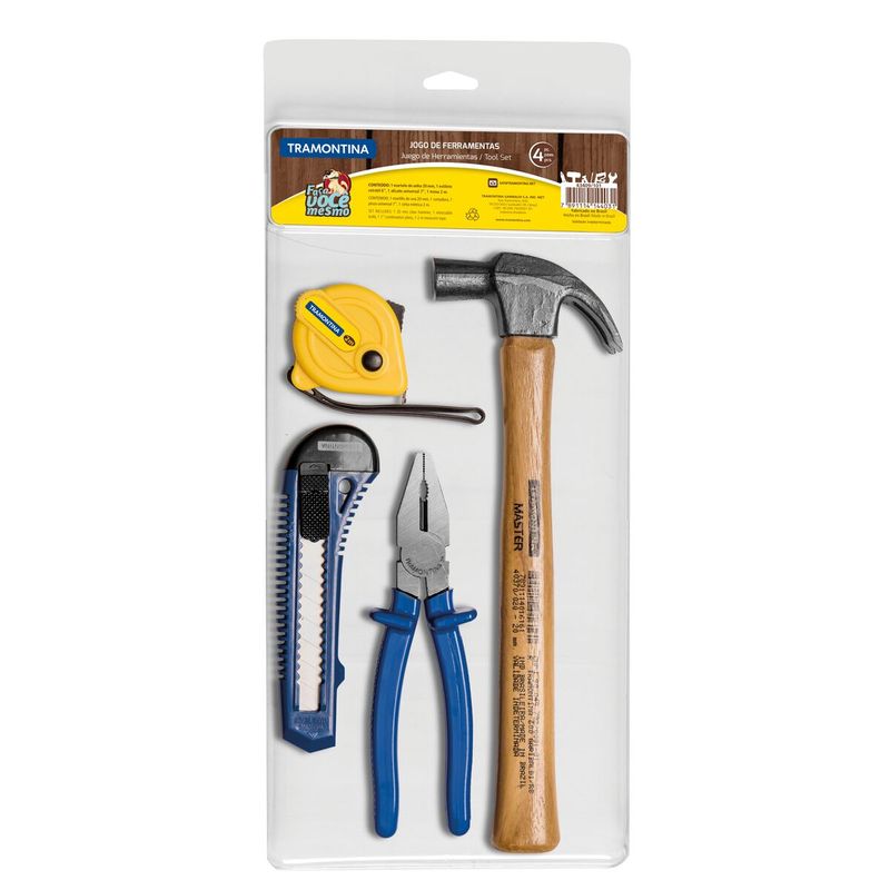 Kit de Ferramentas Tramontina 4 Peças com Martelo Estilete Alicate e Trena