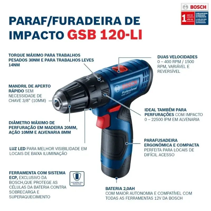 Parafusadeira Furadeira Bosch a bateria GSB 120-LI 12V | Bivolt