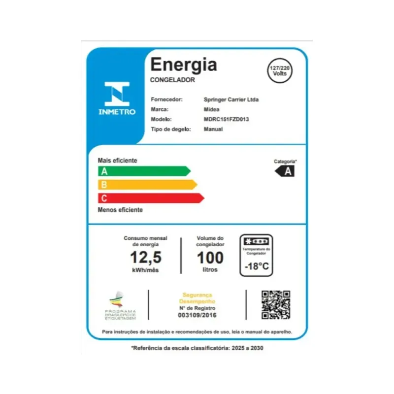 Freezer Horizontal Midea 100L Inverter Bivolt Branco –28°C a 0°C | Bivolt