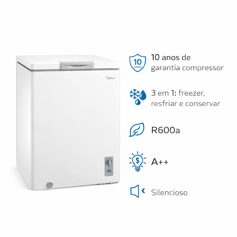 Freezer Horizontal Midea 145L Branco 3 Funções Termostato Externo | 220V